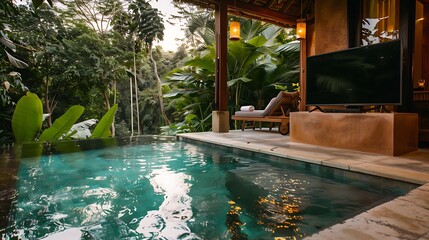 Wall Mural - stool and television with remote next to a glistening pool with a view of the jungle