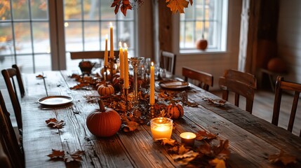 Autumnal Feast: A rustic dining table set for a cozy gathering, adorned with pumpkins, candles, and fallen leaves. The warm glow of candlelight creates an inviting ambiance for a special occasion. 