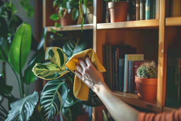 Hand wiping dust from a bookshelf with plants and books in a cozy indoor space