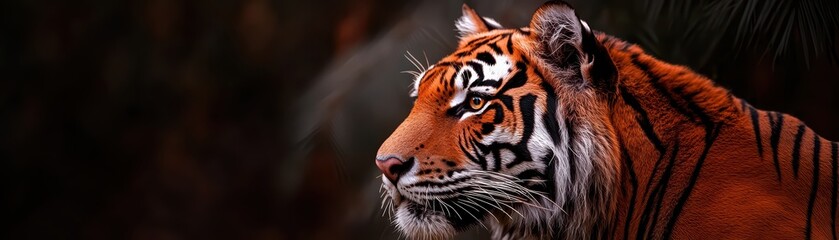 Majestic tiger in profile, showcasing its striking orange and black stripes against a blurred background.