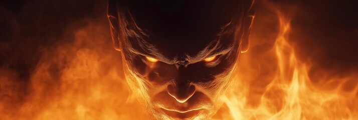 A man's face is shown in a fiery, glowing light. The image has a dark, ominous mood, and the man's expression is intense and menacing. The use of fire and the glowing effect creates a sense of danger