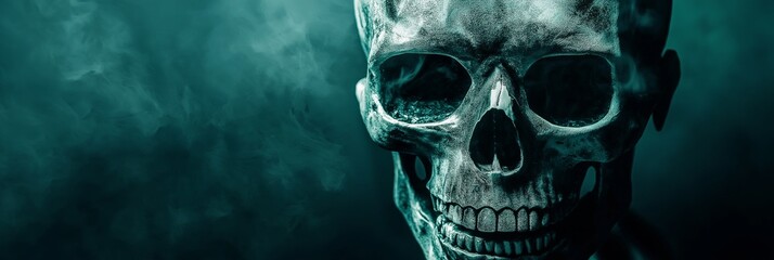 A skull with a green background and smoke in the background. The skull is looking at the camera