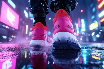 Stylish pink sneakers on a rainy urban street, illuminated by vibrant city lights.