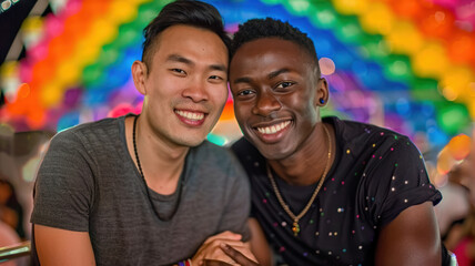 excited gay man and laughing on grey backdrop, couple