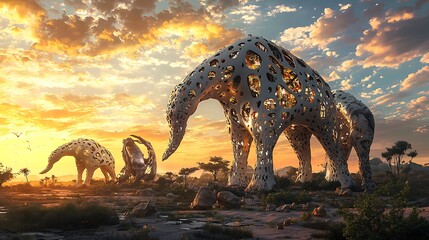 Aufkleber - Exploring a surreal architectural wonderland structures that transform and evolve in a dreamlike landscape at sunset