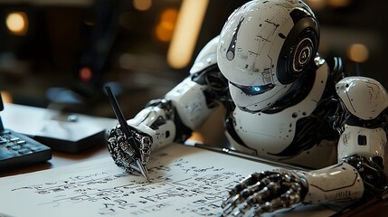 Aufkleber - Innovative robot engaged in complex financial writing with a digital pen in a futuristic office environment