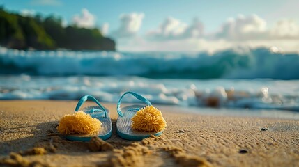 Wall Mural - the sandals with a loofah on a sandy beach