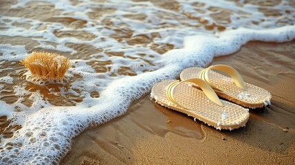 Wall Mural - the sandals with a loofah on a sandy beach