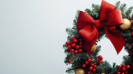 Traditional christmas wreath with red bow and berries for holiday decoration