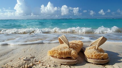 Wall Mural - the sandals with a loofah on a sandy beach