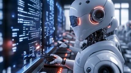 White humanoid robot with glowing red eyes looking at a computer screen filled with code.