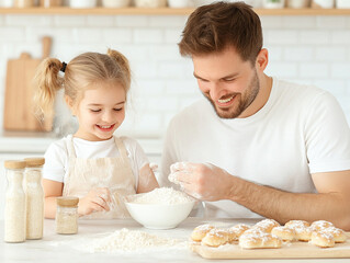 
Dad, child and happiness in kitchen for baking, teaching and learning with bowl, flour or spoon