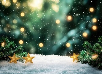 green background with white snowflakes falling, dreamy atmosphere. The stars shimmer in the night sky. shiny stars and a bokeh effect. concept of Christmas and the New Year. Christmas card