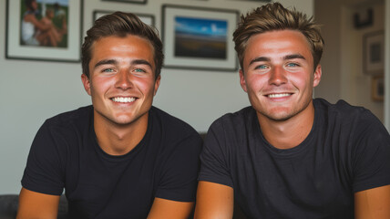 excited gay man and laughing on grey backdrop, couple