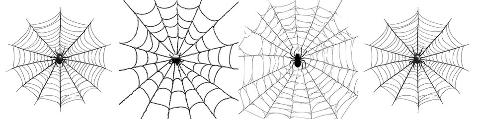 Set of A Vector sticker of a black spider web on a transparent background cutout, PNG file.
