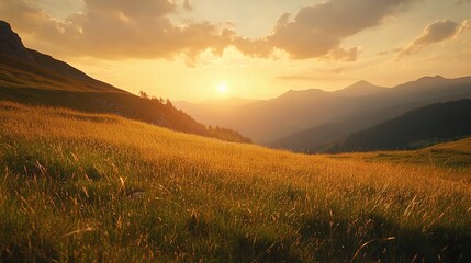 Golden Hour Serenity: A panoramic view of a rolling meadow bathed in the warm glow of sunset, with majestic mountains in the distance.