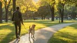 © aubriella - A pet owner walking their dog in a bustling urban park, symbolizing the bond and companionship between humans and animals in city life, Modern lifestyle scene