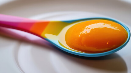 Colorful baby spoon with fruit puree – vibrant mealtime concept for kids