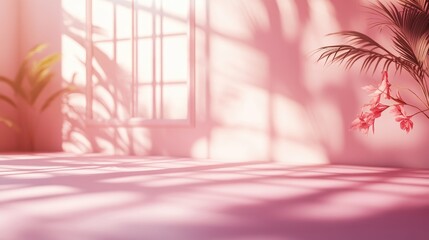 Poster - 3D rendering of an abstract pink color gradient studio background for product presentation featuring an empty room with shadows from windows flowers and palm leaves along with a blurred backdrop