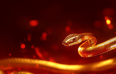 Snake is a symbol of the 2025 Chinese New Year. 3d render illustration of Golden Snake on a red background. Zodiac Sign Snake, Asian oriental concept for lunar year