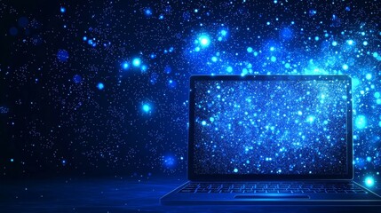 A modern illustration of a laptop with technology icons made from lines, triangles, and particles.