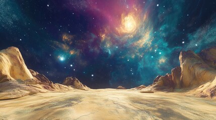 Wall Mural - 360 degree nebula panorama in a 3d cartoon rendering featuring an equirectangular projection and env