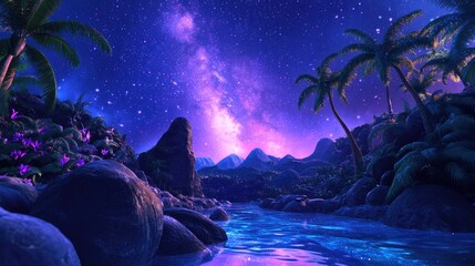 Wall Mural - 3D cartoon rendering of the Milky Way in a tropical setting