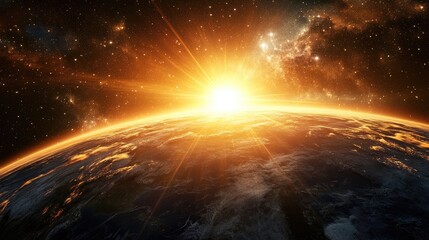 Wall Mural - dawn sunset of planet earth in 3d cartoon rendering showcasing a silhouette of the planet illuminate