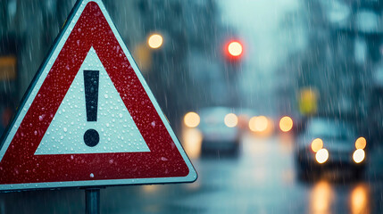 red and white triangle road sign warns of rain, weather turns dangerous for traffic in storm, safety