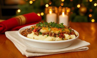 A hearty dish of mashed potatoes topped with savory beef and cheese.