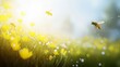 © typepng - Flying honey bees collecting pollen at yellow flowers. Bee flying over yellow flowers. Concept of pollination and honey bees.