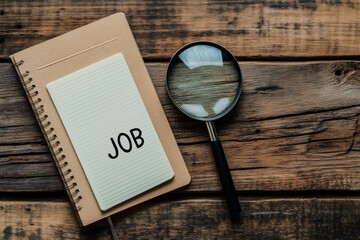 Job search and job hunting concept. A word JOB in a notebook next to a magnifying glass on old boards 