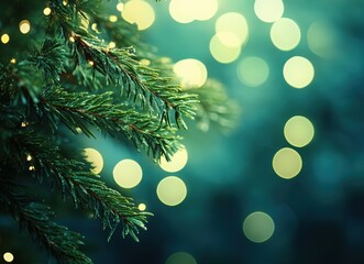 Close-up of green pine tree branches with a bokeh background. evergreen fir trees in a forest, a natural texture for wallpaper or decoration design. Christmas card concept. Background for a Christmas 