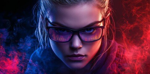 Virtual headset with connections, earth sphere, and lines surrounding a woman's face as she looks at her portrait in VR glasses hologram.