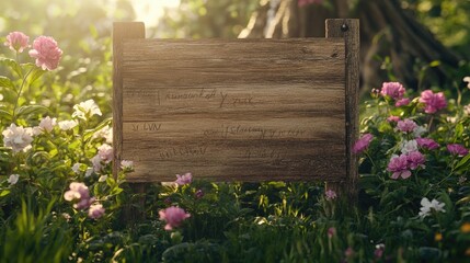 Rustic wooden sign with heartfelt messages and fresh flowers arranged around it