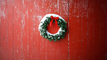 A festive green wreath with a red bow is hung on a rustic red wooden wall, dusted with snow, capturing a cozy holiday atmosphere.