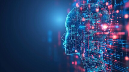 The image shows a cybernetic face resembling AI and technology, showing glowing nodes and connections
