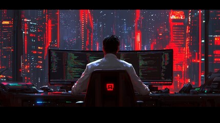 Multi-laptop software engineer with futuristic illustration background