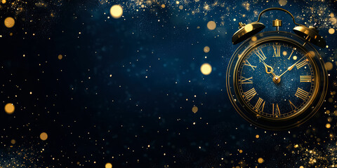 Wall Mural - gold and blue background with a clock in the center. the clock is set at 12:00