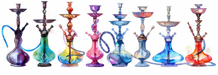 Colorful watercolor illustration of various hookahs on white background. Concept of smokable art, traditional paraphernalia, vibrant decor, cultural elements