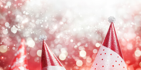 Wall Mural - pair of red party hats are on a red background. the hats are decorated with white and red patterns