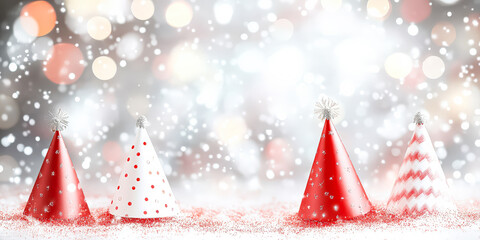Wall Mural - row of four red party hats are on a snowy surface. the hats are arranged in a row, with the first on