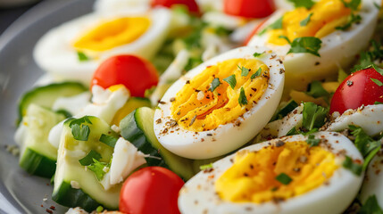 Fresh cooked egg tops garden salad, juicy tomato and crisp cucumber create healthy mix, vegetable medley makes perfect lunch, closeup shows appetizer ready to serve