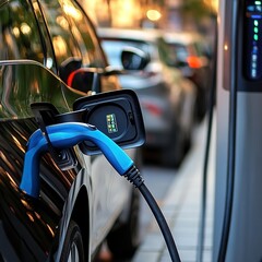 Electric Vehicle/Car Charging Station Plugged In. Close-up photo