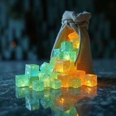 Fototapete - Glowing ice cubes in a bag on the table. Selective focus.