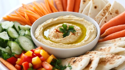 Wall Mural - A platter of creamy hummus surrounded by colorful crudites such as carrots, cucumbers, and bell peppers