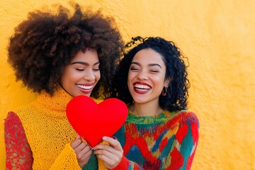 Two friends joyfully sharing a red heart against a vibrant urban backdrop in warm sunlight