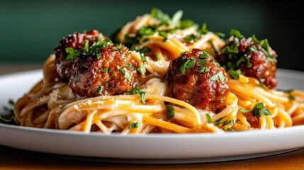 A delicious plate of spaghetti topped with savory meatballs, garnished with fresh herbs and sprinkled with cheese, creating a mouthwatering Italian dish.