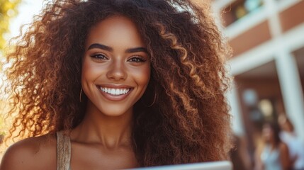 A portrait of a young woman with beautiful curly hair, smiling brightly in the golden sunlight, capturing a moment of pure happiness and radiant confidence outdoors.