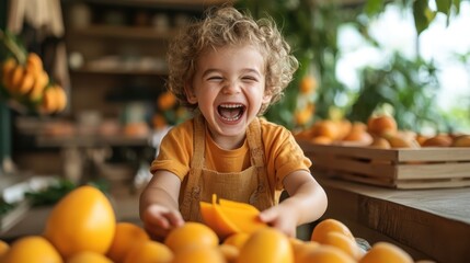 A joyful child plays exuberantly with fresh oranges in a bright and lively kitchen, embodying pure happiness and youthful energy amidst a vibrant atmosphere.